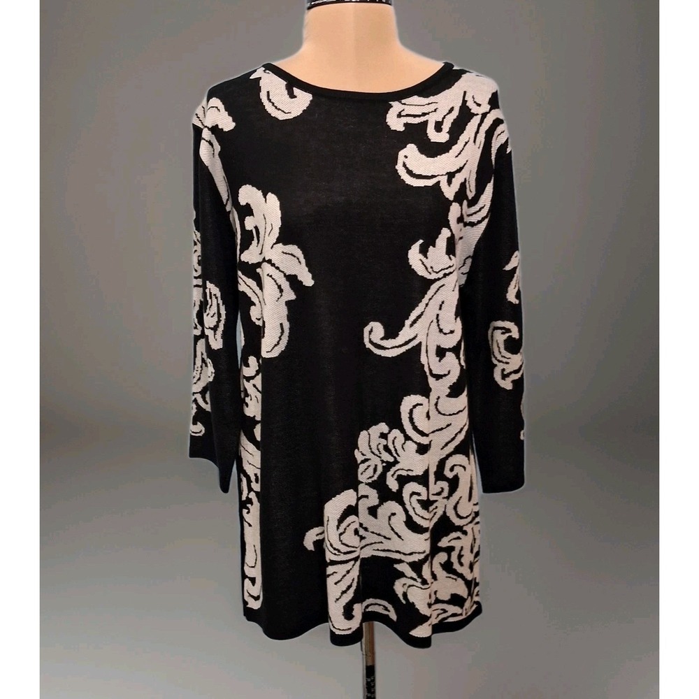Abito Womens Sweater Tunic Sz M Black White Scroll 3/4 Sleeve Knit Old Money‎